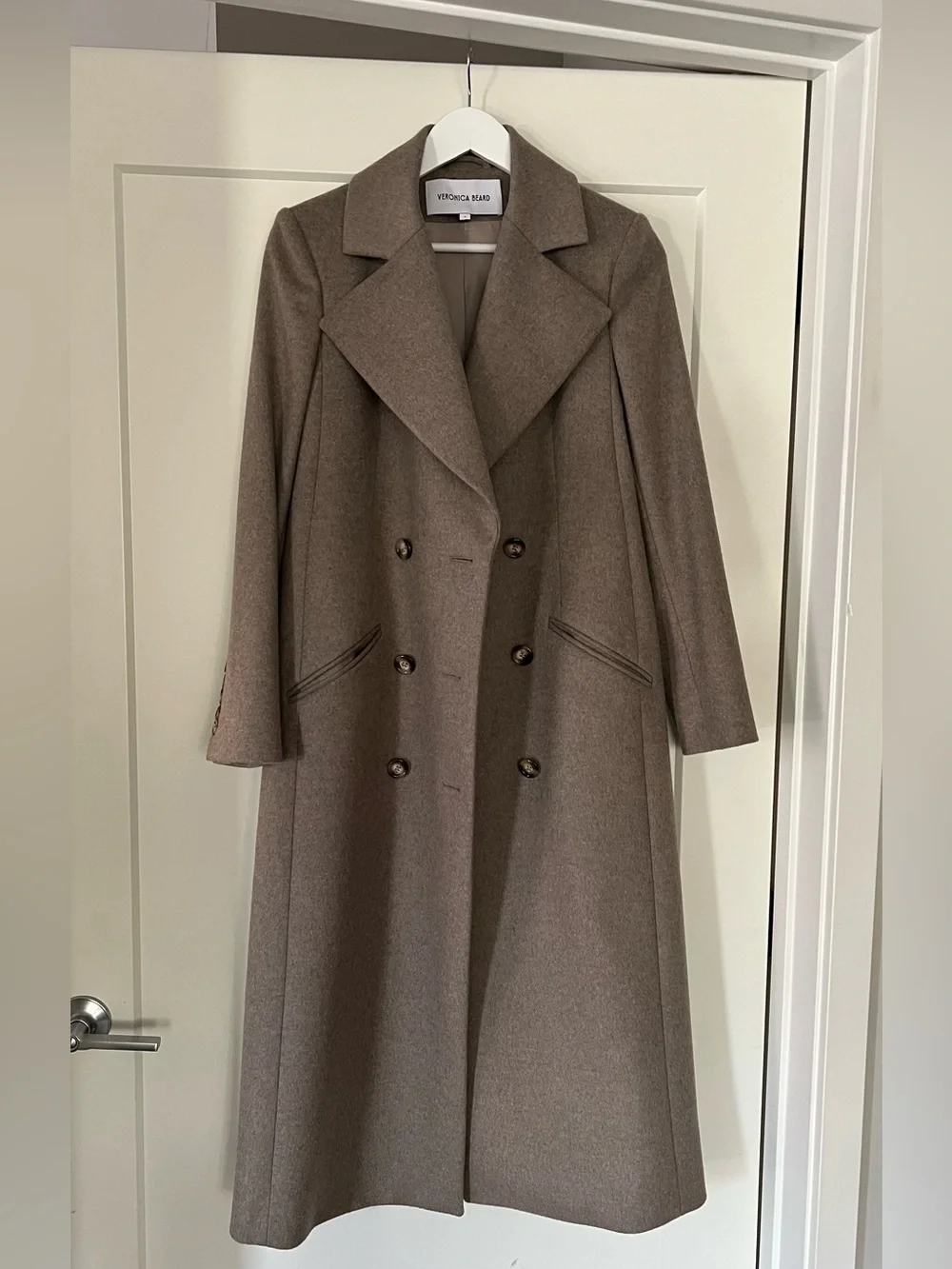 Veronica Beard Double-Breasted Long Trench Coat in Taupe Brown - Picture 1 of 15